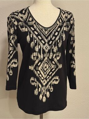 Cactus Bay Embellished Black & Tan Top Size S NWOT